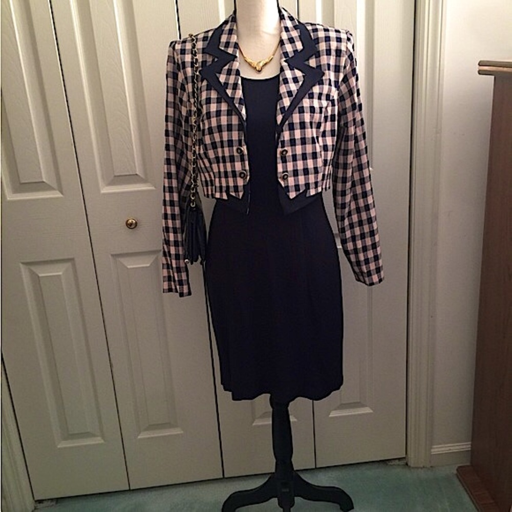 Sleeveless 90s Navy Blue Bodycon Dress with Plaid Cropped Jacket 6P, 2 piece